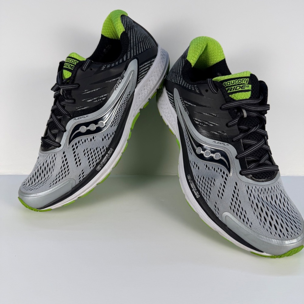Saucony Ride 10 Running Shoes Mens 10 Grey Black Lime Green Athletic Sneakers